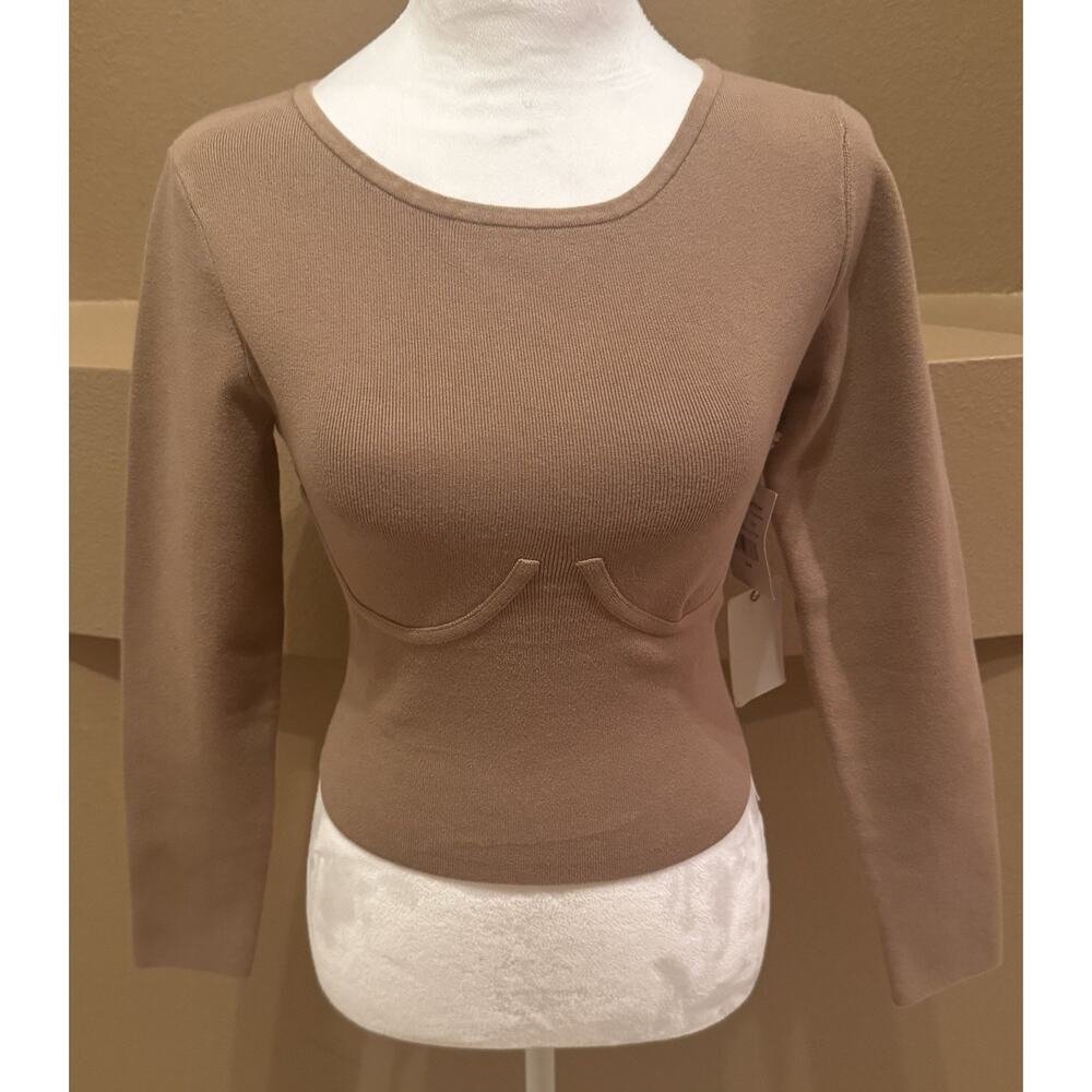 Good American The Cupped Rib Crop Sweater in Taupe Size S 3/4 NWT - Picture 2 of 9